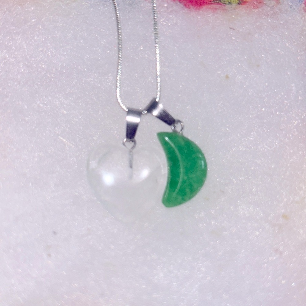 Bobo hippie Jade Moon and Quartz Crystal Crystal heart Silver 16" Neckla…